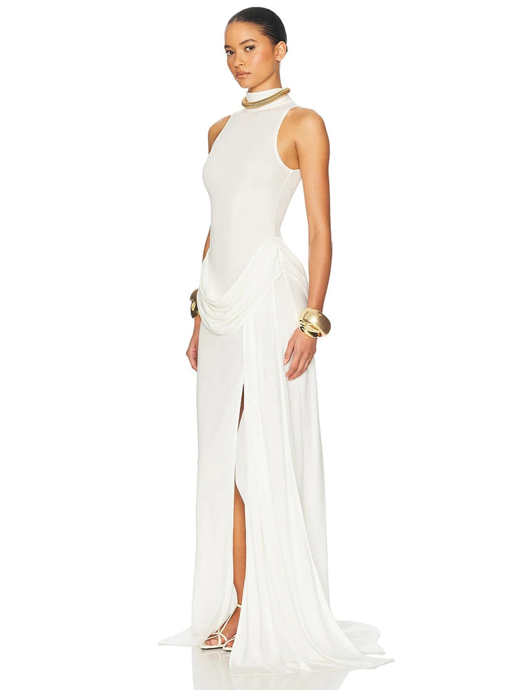 Elegant Turtleneck Off-Shoulder Maxi Dress With Thigh Split