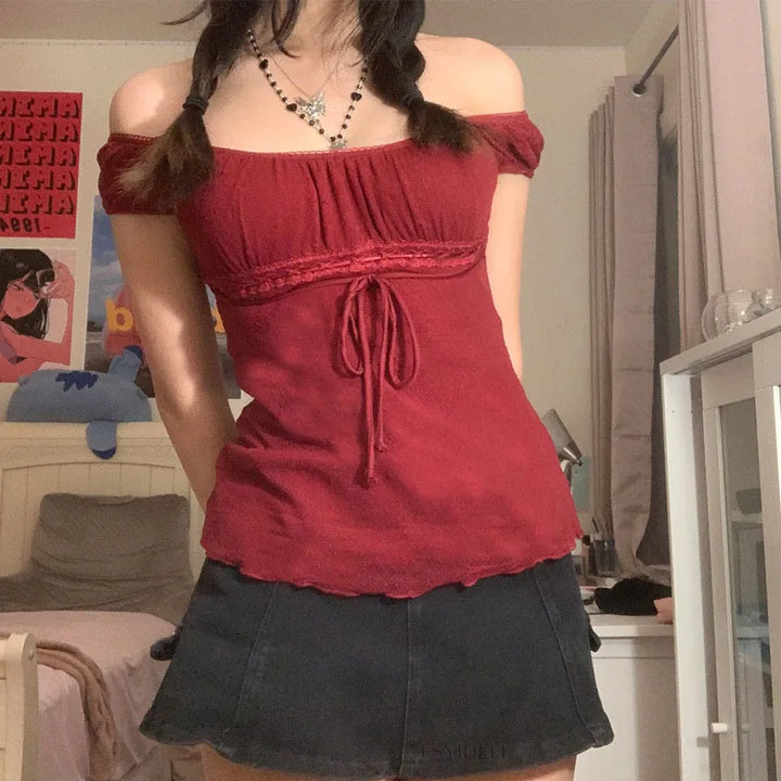 Premium Women Off Shoulder Lace Drawstring Cotton