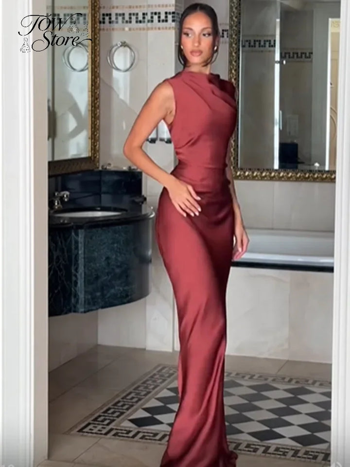 Solid Satin Cowl Neck Dress Women Sleeveless Elegant Ruched Waist Fishtail Bodycon Summer Party Elegance