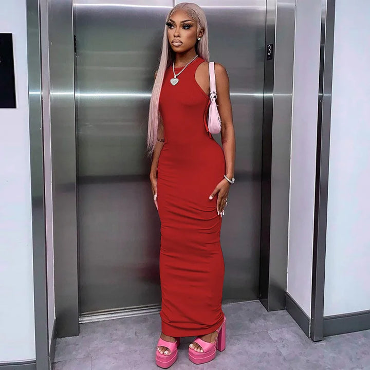 Luxury Architectural Ribbed Sleeveless Maxi Dress