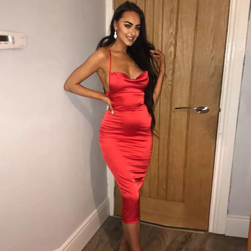 Elegant Satin Lace Midi Gown Exclusive Slim Sheath