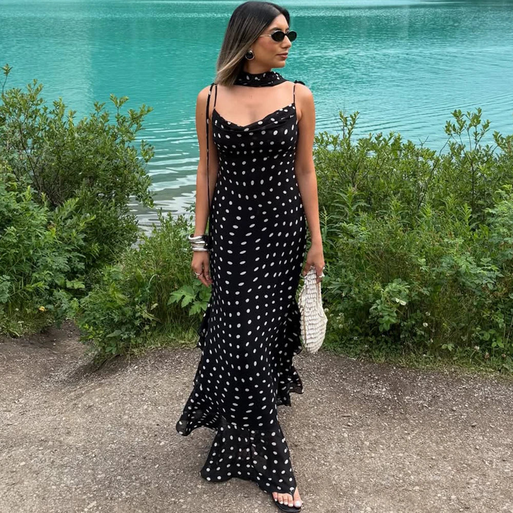 Tuularose Elegant Polka Dot Long Dress Summer Scarf Ribbon Ruffle Halter Pleated Dress Luxury Sleeveless Women&