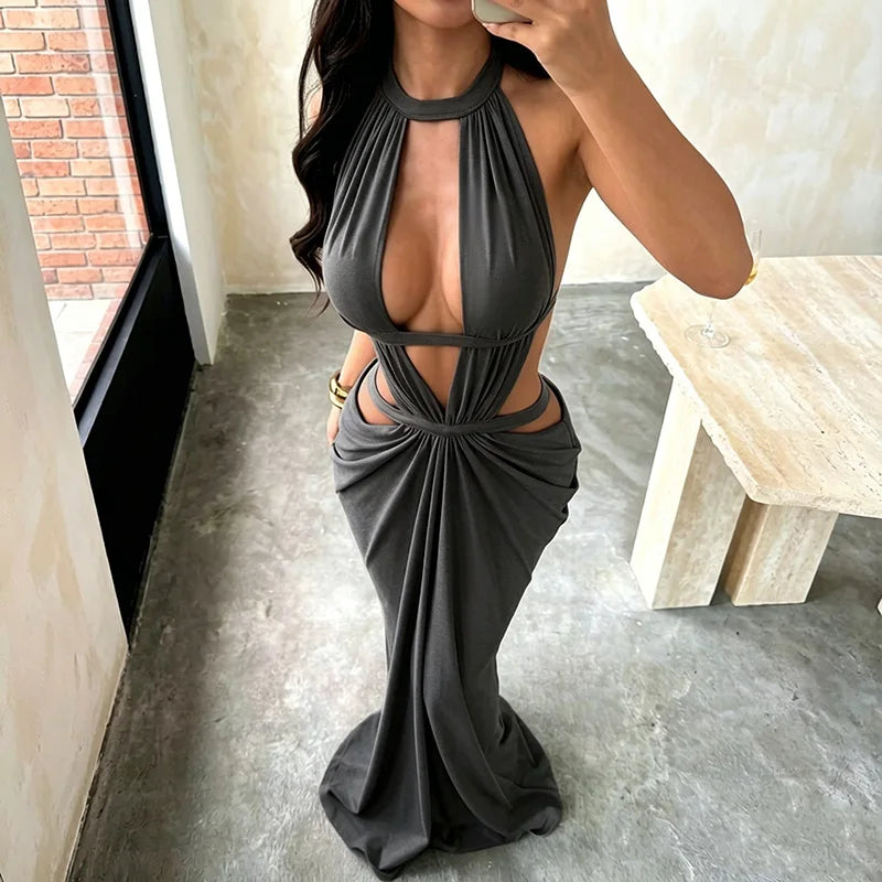 Elegant Khaki Halter Backless Maxi Party Dress