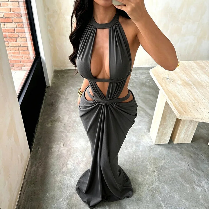Elegant Khaki Halter Backless Maxi Party Dress