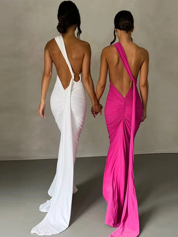 Neon Y2K One Shoulder Backless Ruched Maxi Dress