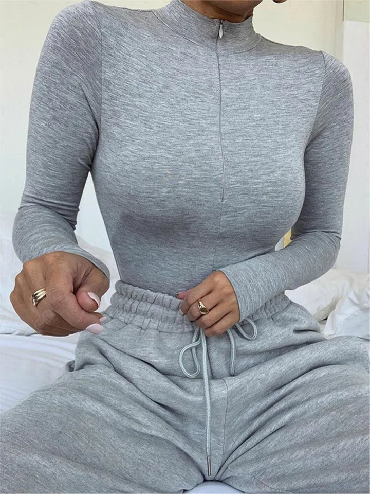 Solid Zipper Bodycon Bodysuit For Women Mock Neck