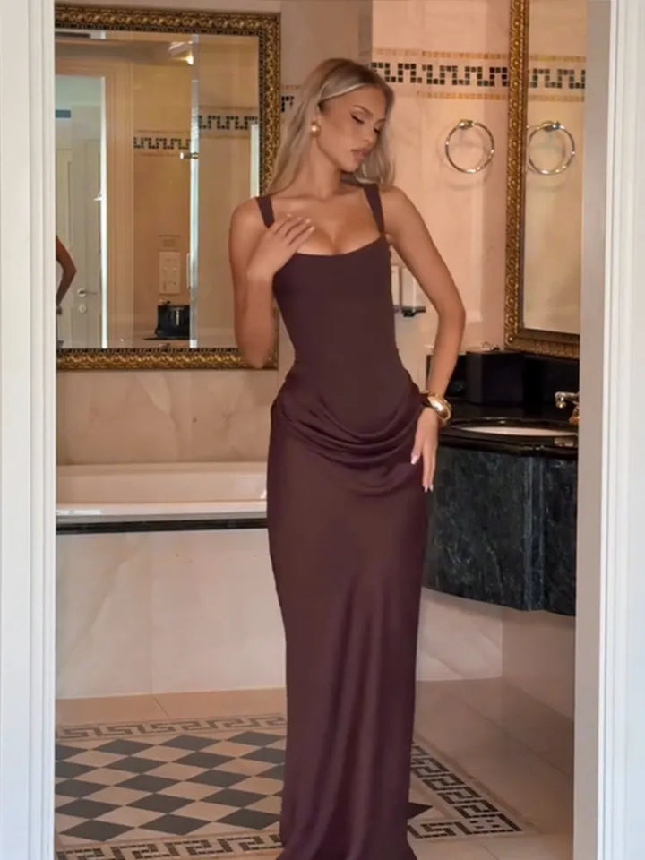 Women Brown Pleated Off Shoulder Maxi Dress