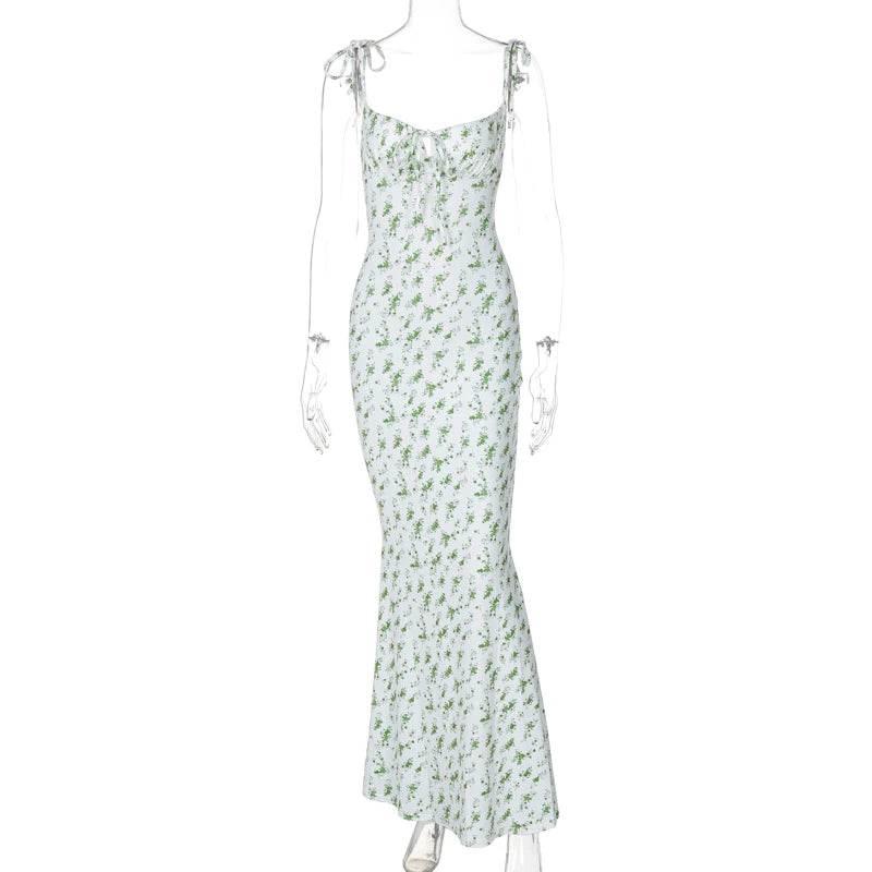 Floral Sleeveless Backless Lace Up Bodycon Maxi