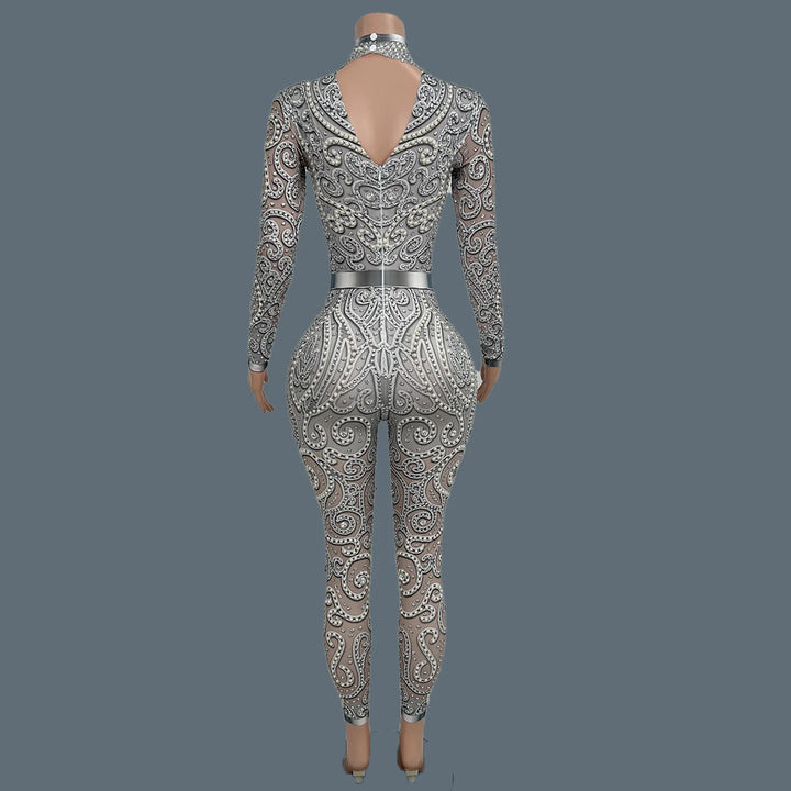 Women Sparkly Rhinestone Pearls Spandex Jumpsuit Nightclub Party Stage Performance Bodycon Wear Sexy Printing Jumpsuit Quanquan