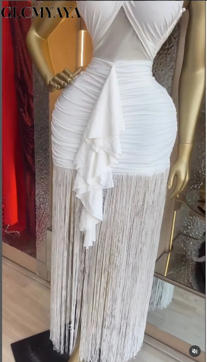 Women Wrap Halter Tassel Patchwork Maxi Dress
