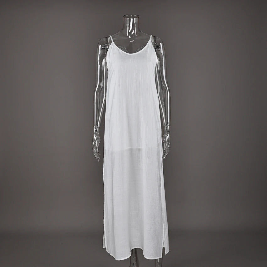 HiLoc Casual Loose White Long Dress Robe 2025 New Summer V Neck Dresses For Women Spring Sleeveless Straight Robes Nightgown