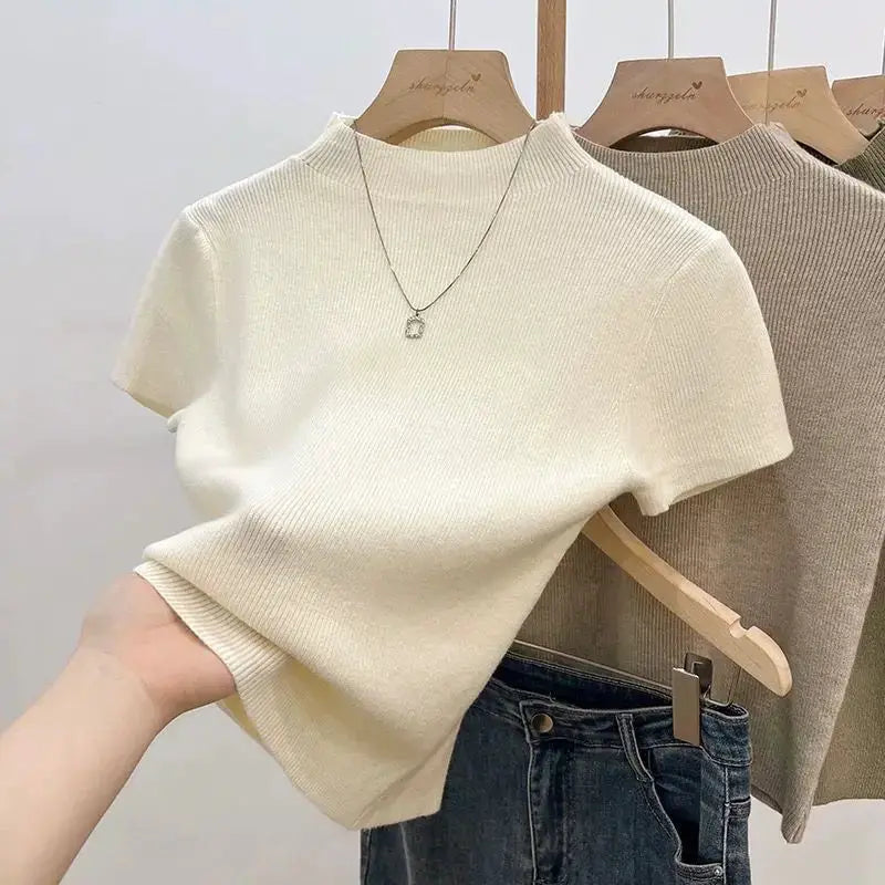 Basic Turtleneck Solid Thin Summer 2026 Pullover Women Female Knitted Sweater Slim Short Sleeve Bodycon Sweater