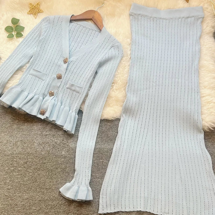 YuooMuoo Knit Maxi Dress V Neck Ruffles Slim Waist