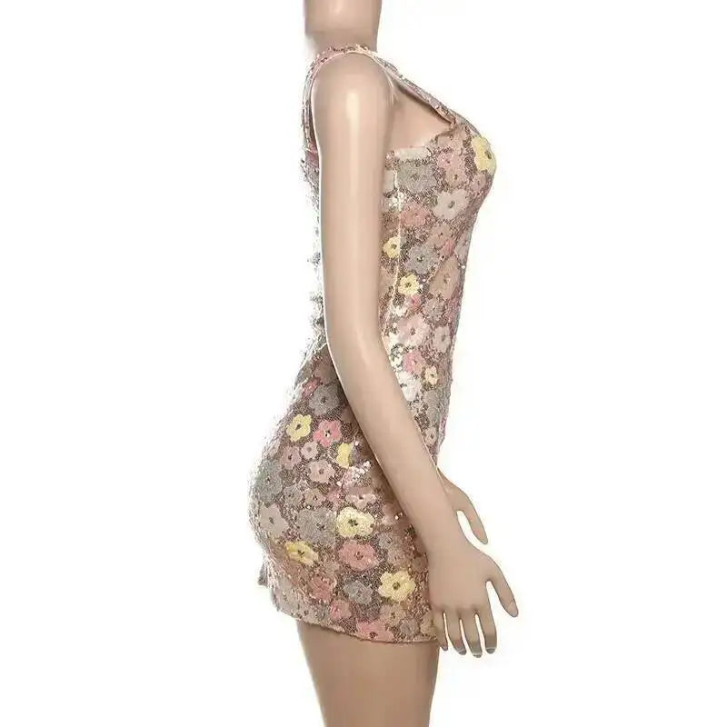 Elegant Floral Sequin Mini Dress With Spaghetti