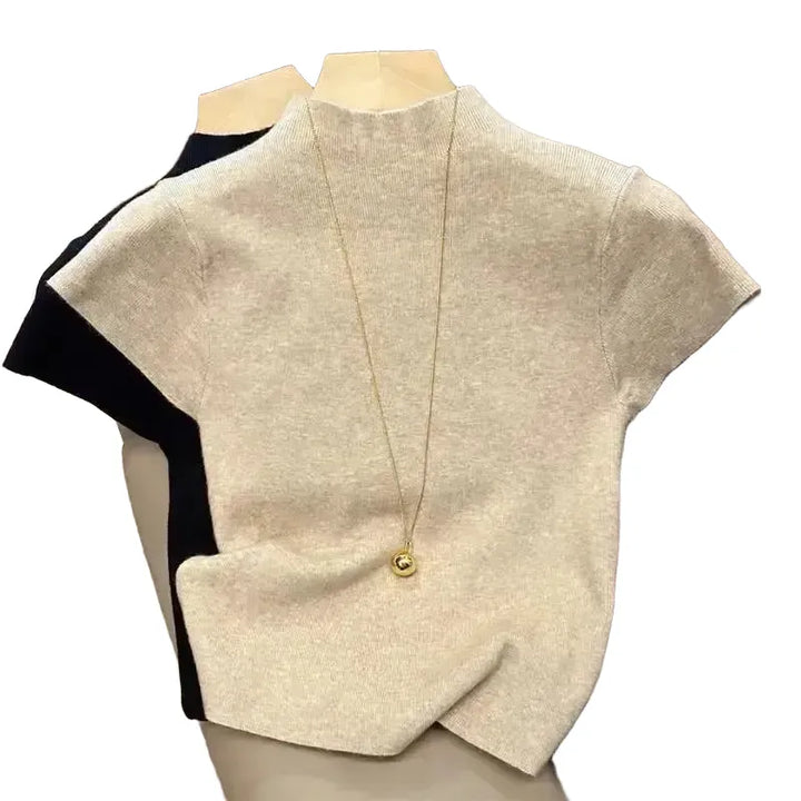 Basic Turtleneck Solid Thin Summer 2026 Pullover Women Female Knitted Sweater Slim Short Sleeve Bodycon Sweater