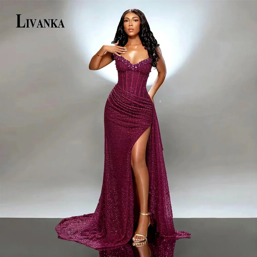 Livanka Sweetheart Mermaid Evening Dress Side Split High Waist Prom Gown With Beading