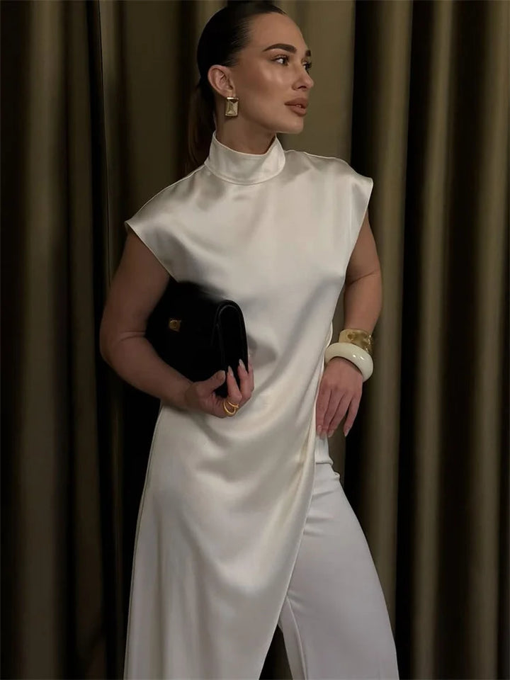 Stylish Satin Turtleneck Sleeveless Maxi Dress For Casual Commute