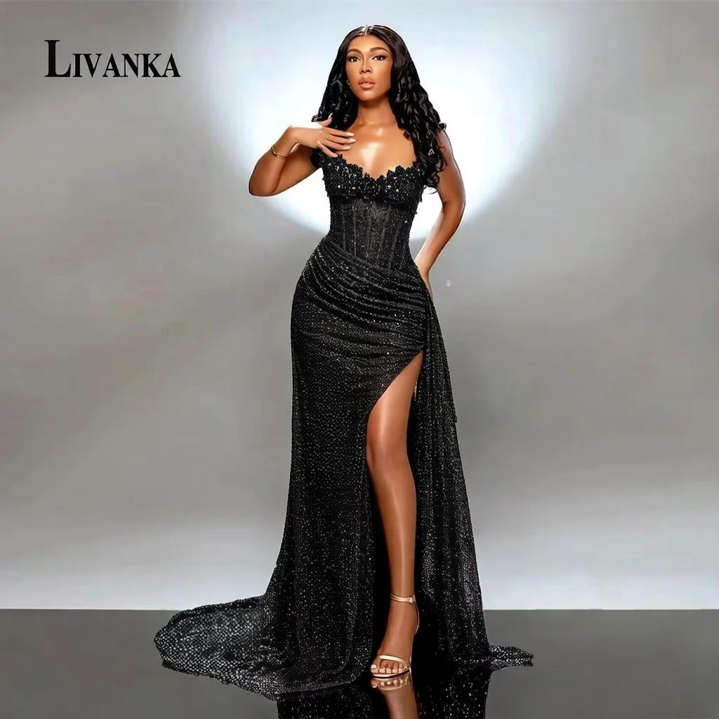 Livanka Sweetheart Mermaid Evening Dress Side Split High Waist Prom Gown With Beading
