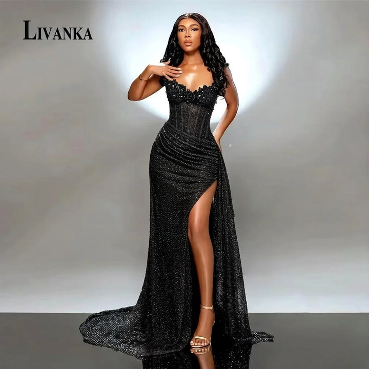 Livanka Sweetheart Mermaid Evening Dress Side Split High Waist Prom Gown With Beading