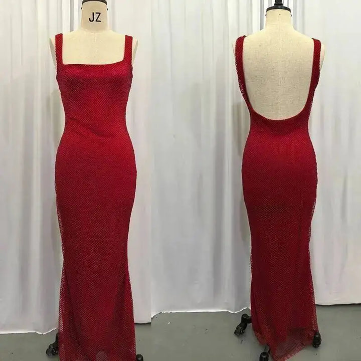 Giyu Sequined Mesh Diamond Backless Maxi Dress