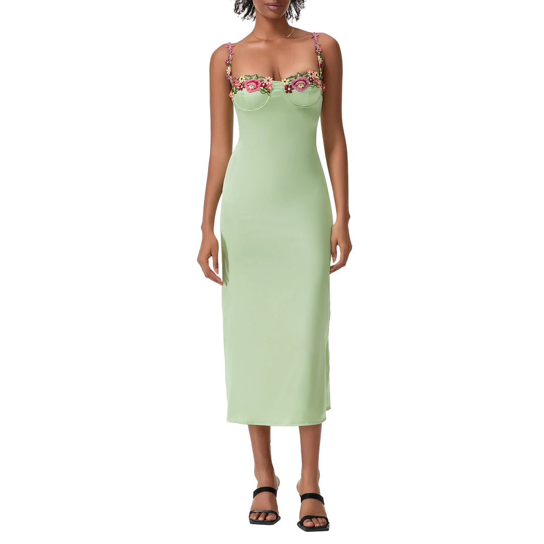 Satin Sling Bodycon Long Floral Dress Women