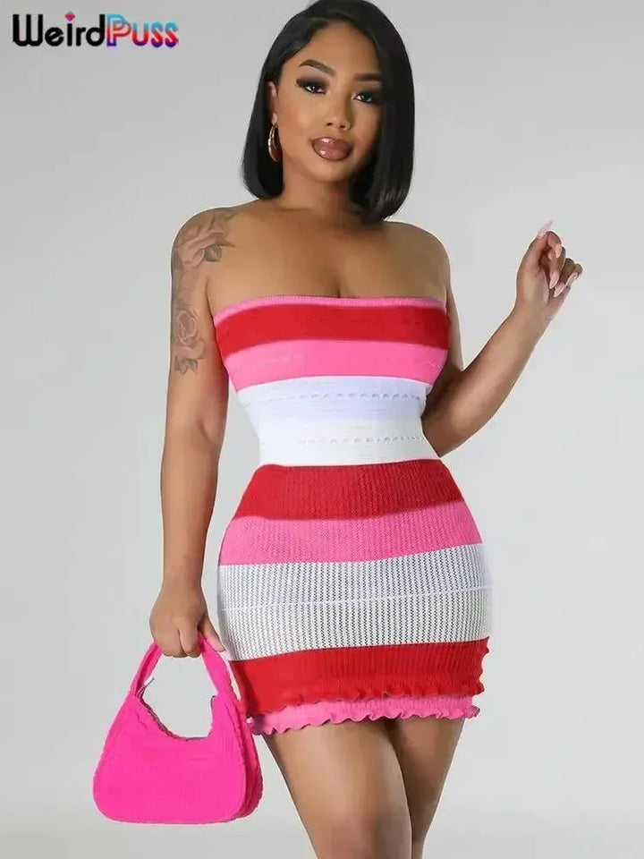 Elegant Striped Ruffles Chic Summer Clubwear Dress