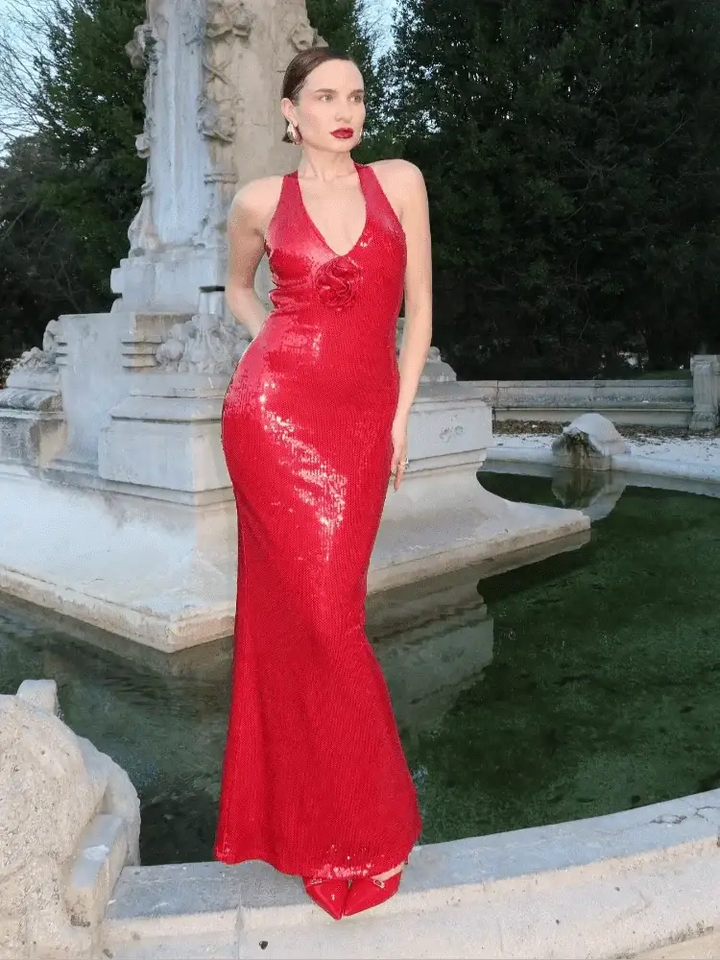 Sparkling Silver Maxi Dress Backless Evening Gown For Events