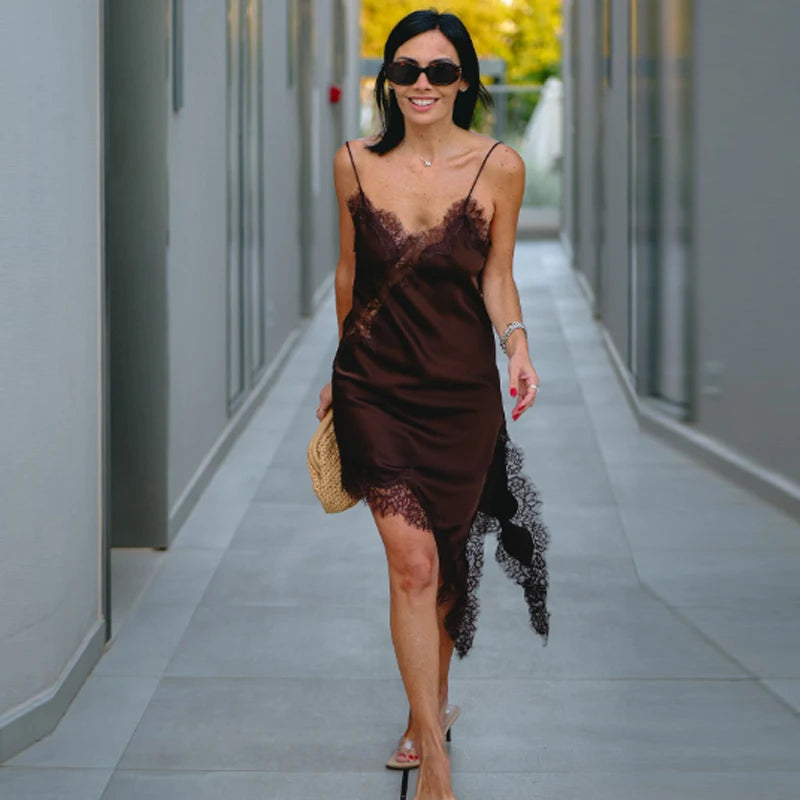 Luxury Asymmetric Lace Slip Dress For Evening Wear