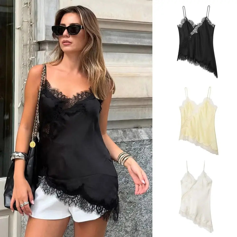 Elegant Asymmetrical Lace Lace Patchwork Top Sleeveless Backless Camisole Tops V Neck Sexy Lace Women tank top Summer Wear