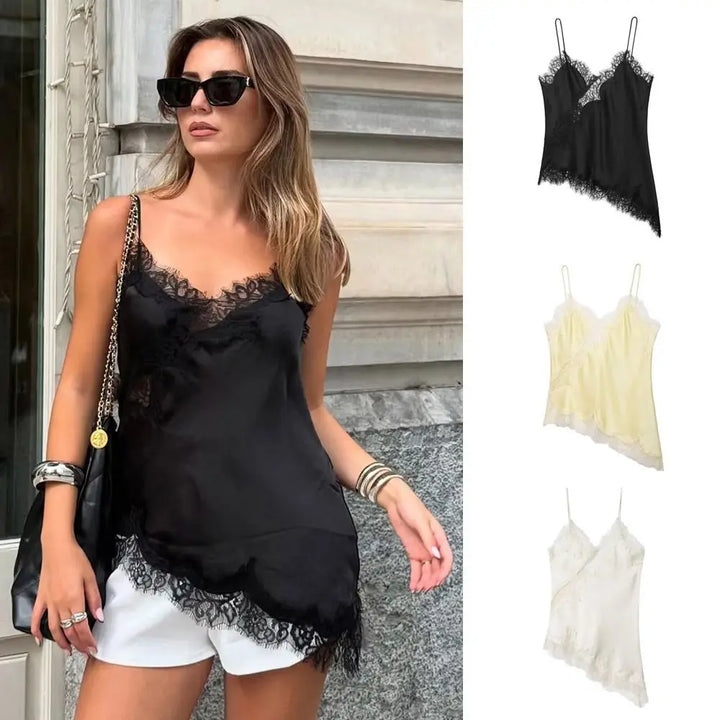 Elegant Asymmetrical Lace Lace Patchwork Top Sleeveless Backless Camisole Tops V Neck Sexy Lace Women tank top Summer Wear