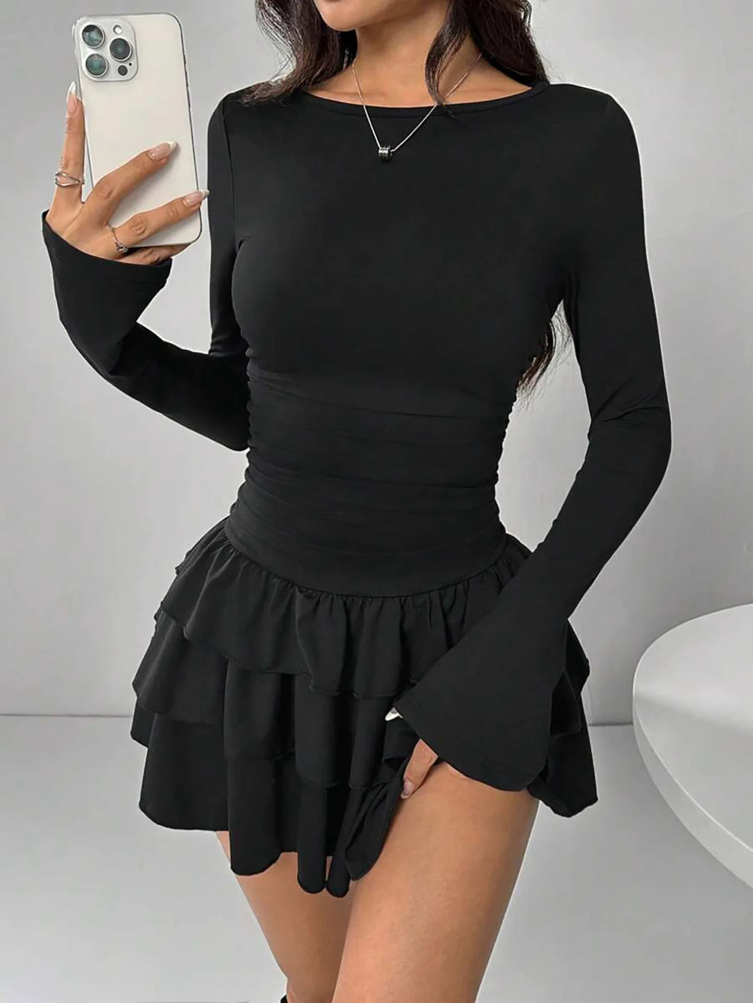 Elegant Tiered Ruffle Midi Dress High Waist Slim