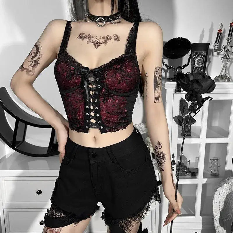 Gothic Cross Print Lace Trim Crop Top Edgy Corset Tank