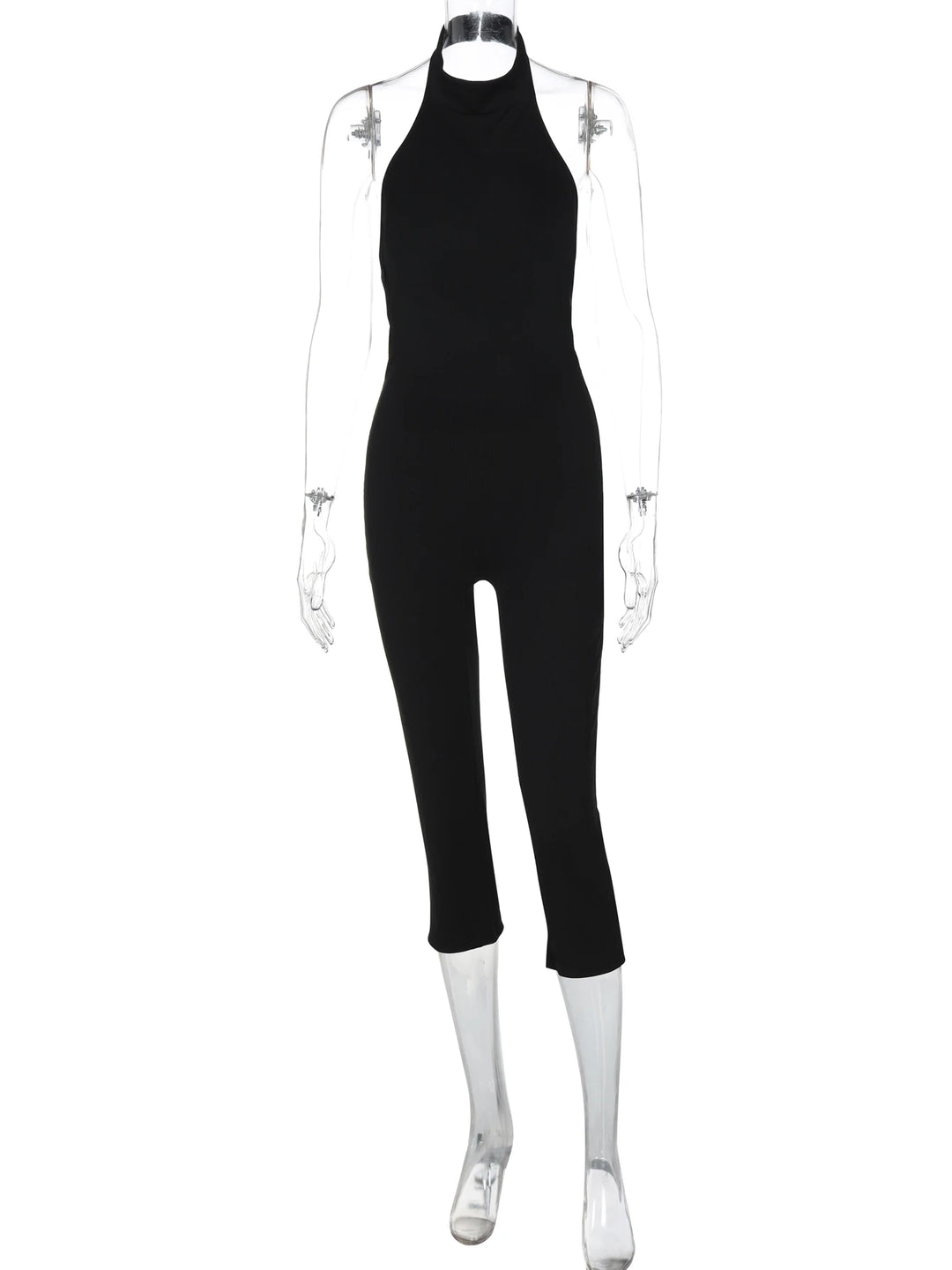 Hugcitar Ribbed Halter Backless Solid Button Sexy Bodycon Skinny Jumpsuit Summer Women Fashion Vacation Romper Streetwear Club