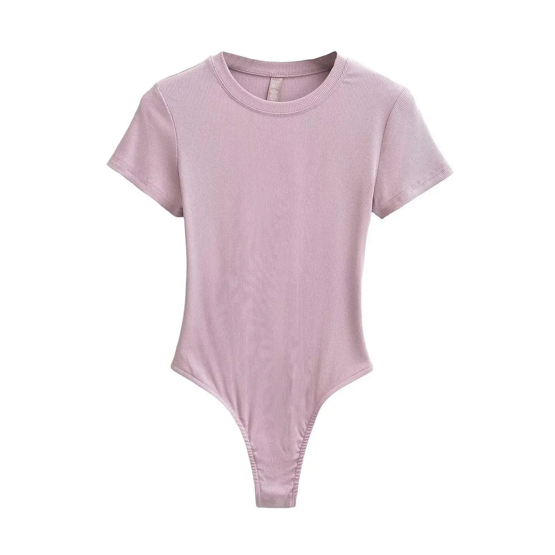 Women Summer Short Sleeve O-neck Slim Fit Knit Bodysuit