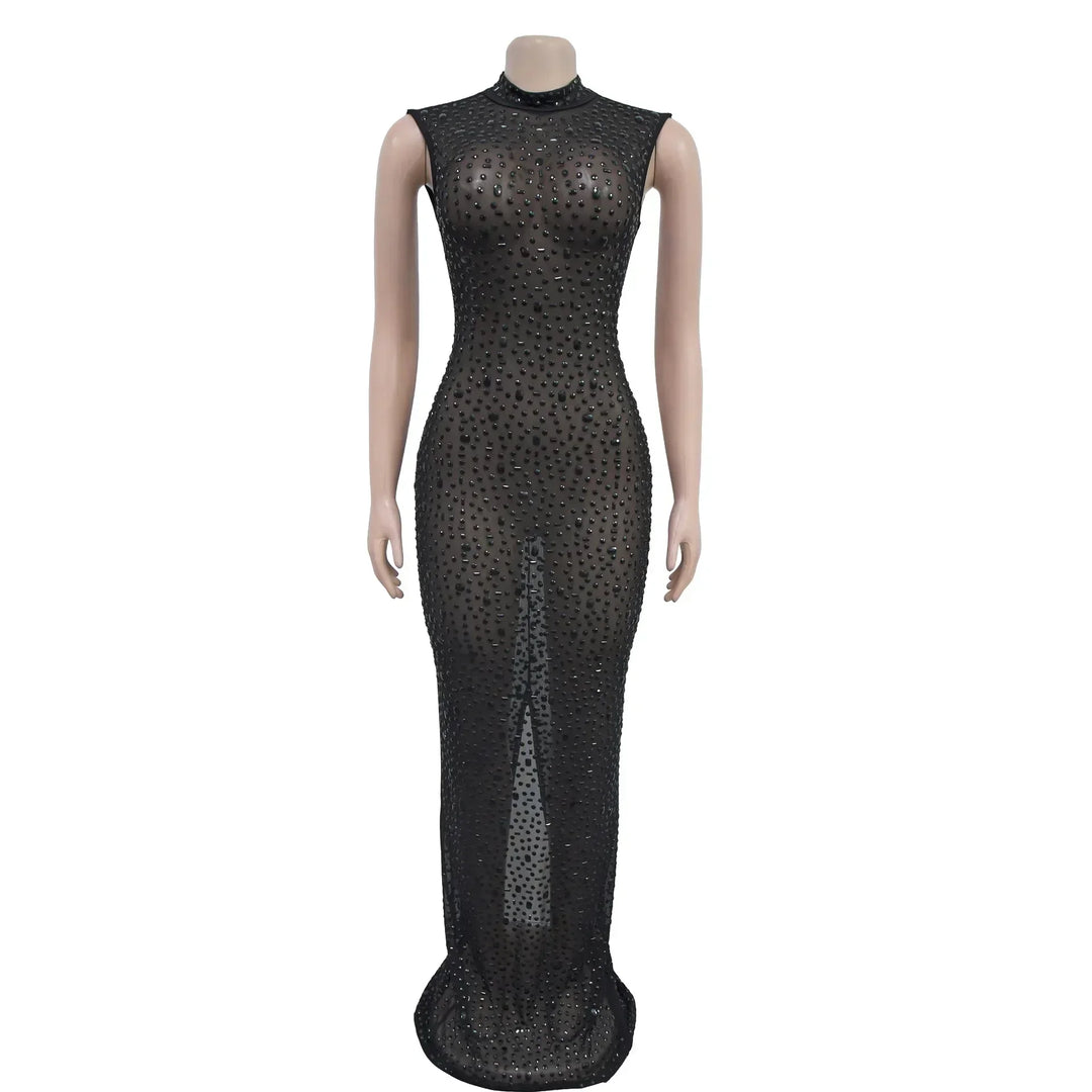 Diamonds Rhinestones O Neck Sleeveless Maxi Dress