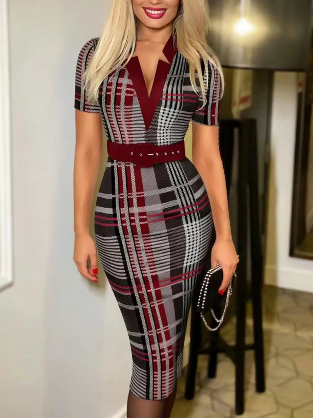 Geometric Pattern V Neck Midi Dress Belt