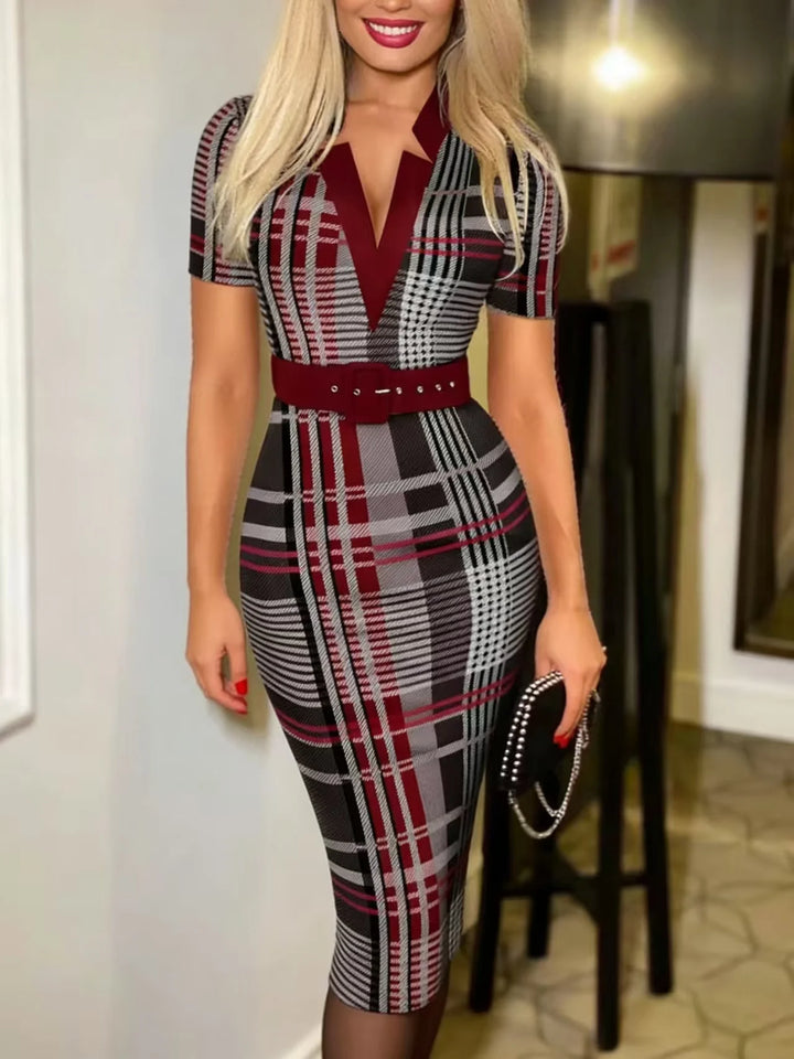 Geometric Pattern V Neck Midi Dress Belt