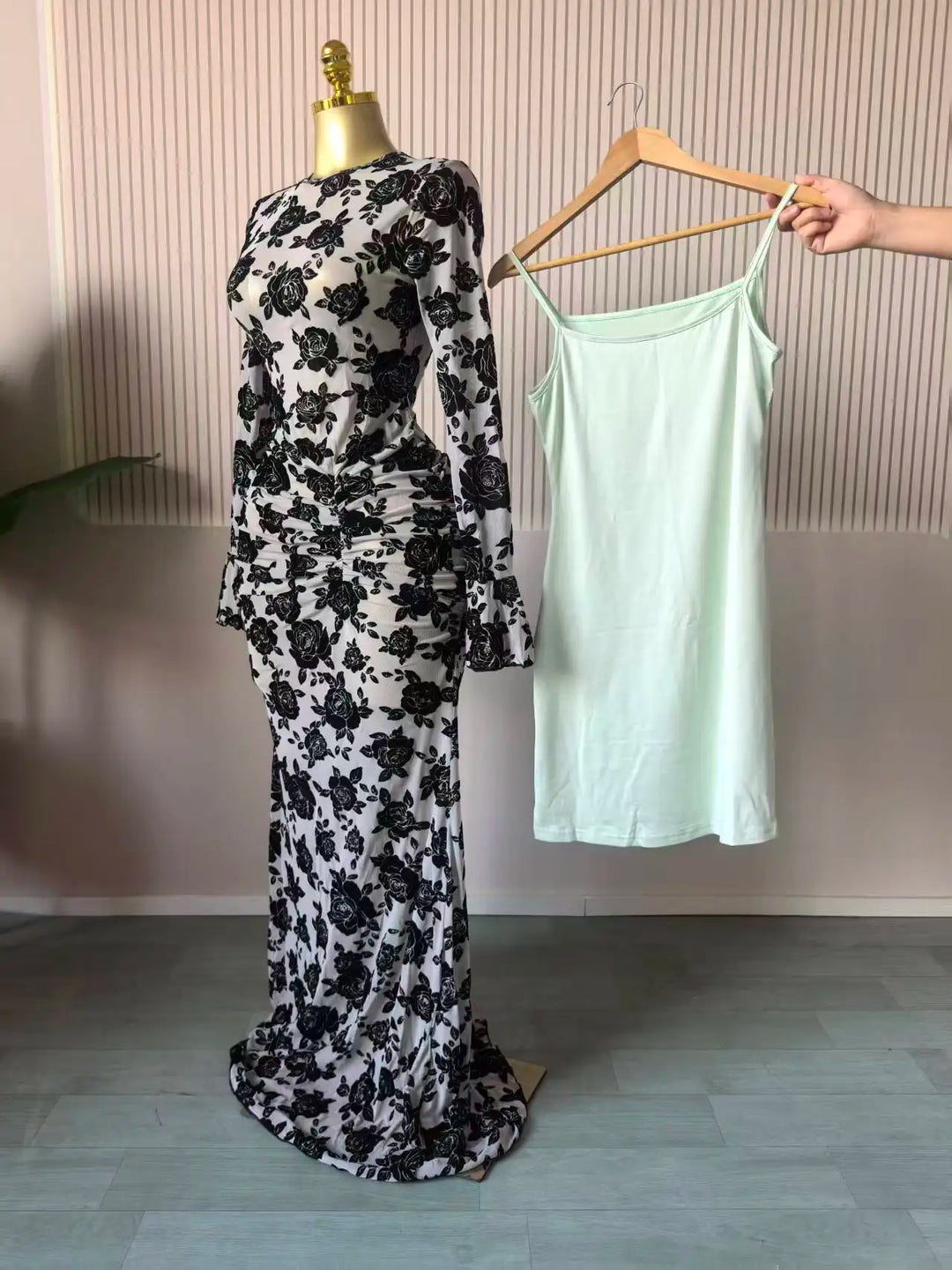 Elegant Sheer Mesh Evening Gown Long Sleeve Formal