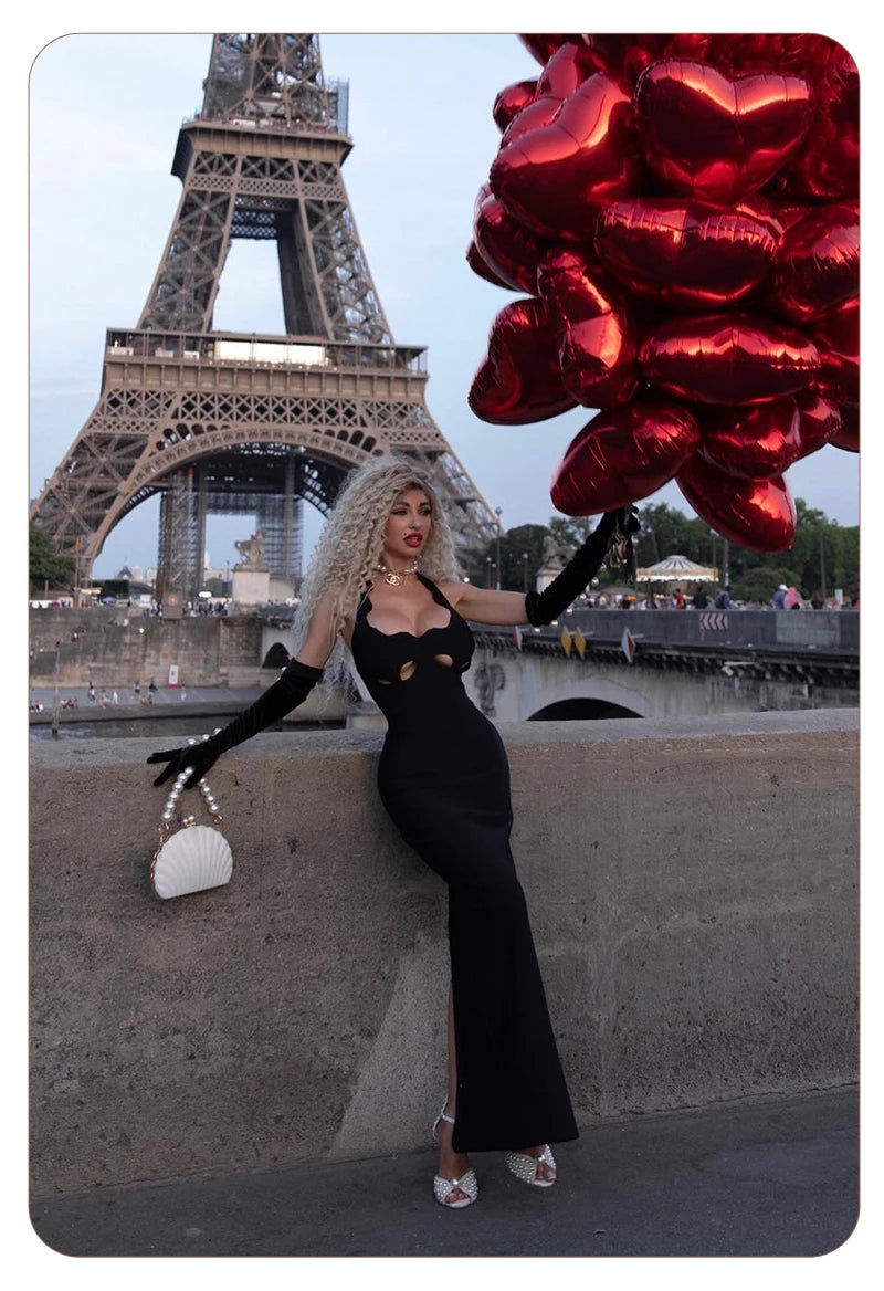 Vj Gachi Elegant Knit Halter Black Evening Gown