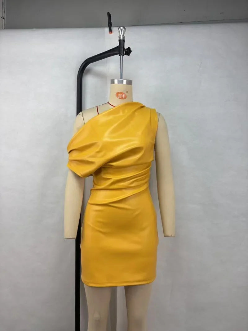 Elegant Sexy PU Leather Bodycon Mini Dress Ruched