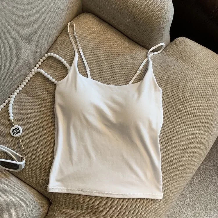 CHUANGERM Sexy Camisole Tank Top Women Simple Sling Strap Vest Slimming Summer Outerwear Inner Wear With Chest Pad For Girls