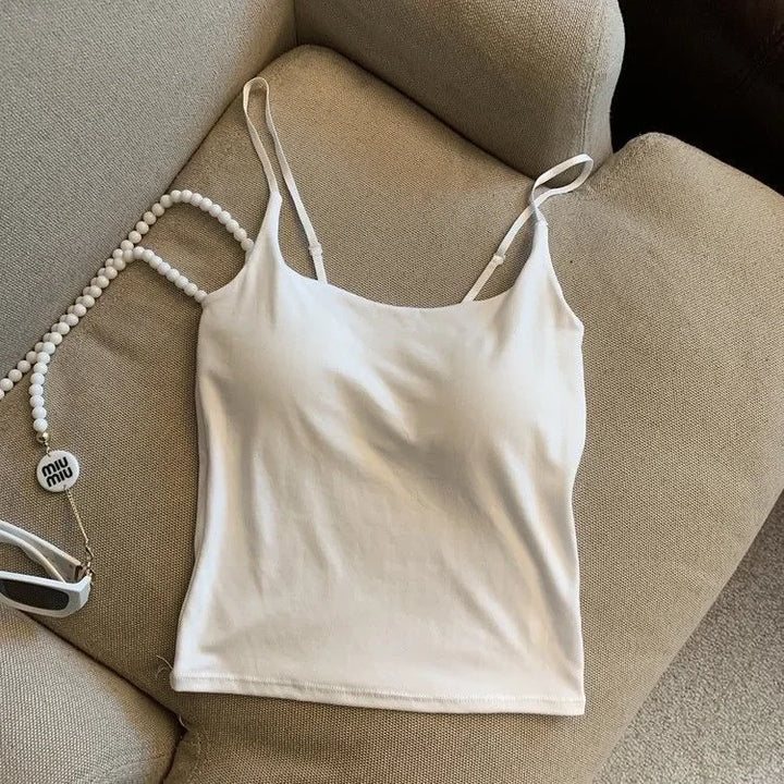 CHUANGERM Sexy Camisole Tank Top Women Simple Sling Strap Vest Slimming Summer Outerwear Inner Wear With Chest Pad For Girls