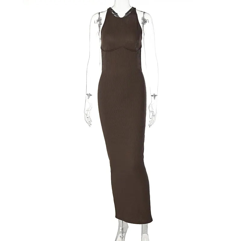 Hugcitar Ribbed Solid Hollow Out Backless Sleeveless Sexy Slit Mini Dress Bodycon 2025 Spring Women Outfits Elegant Party Y2K