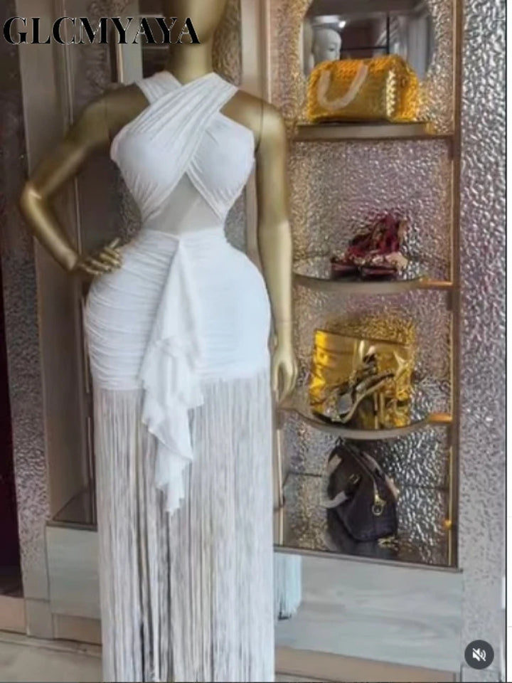 Women Wrap Halter Tassel Patchwork Maxi Dress