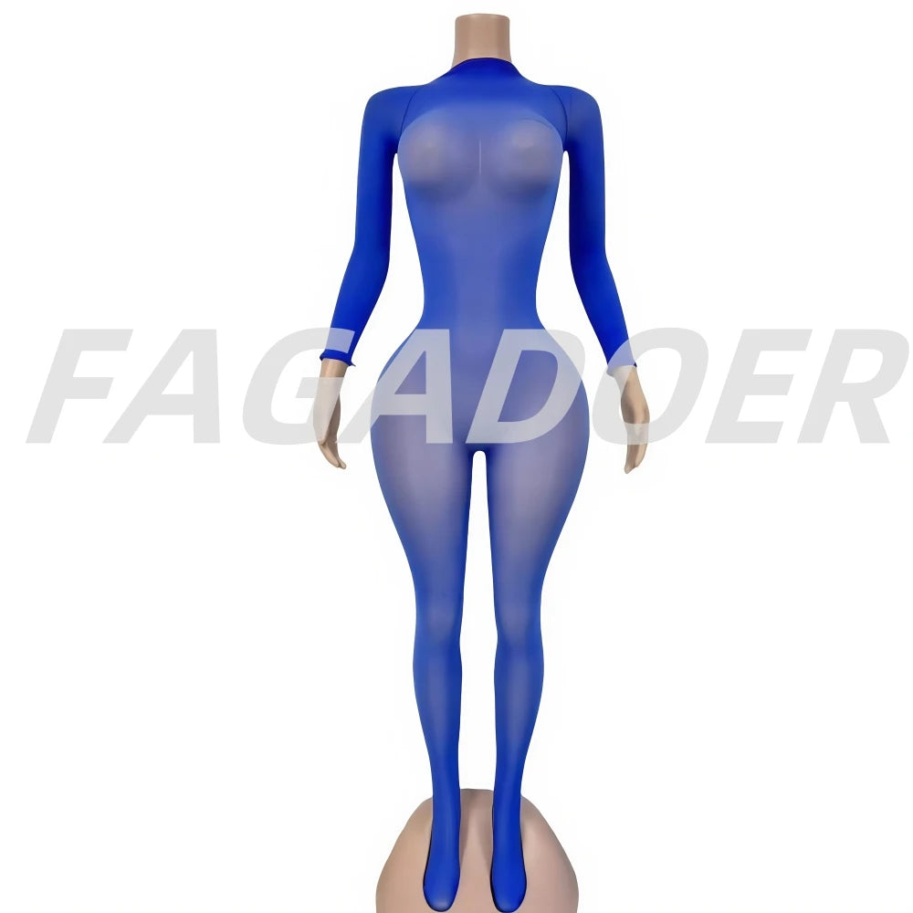 FAGADOER See Through Mesh Bodycon Jumpsuit Women