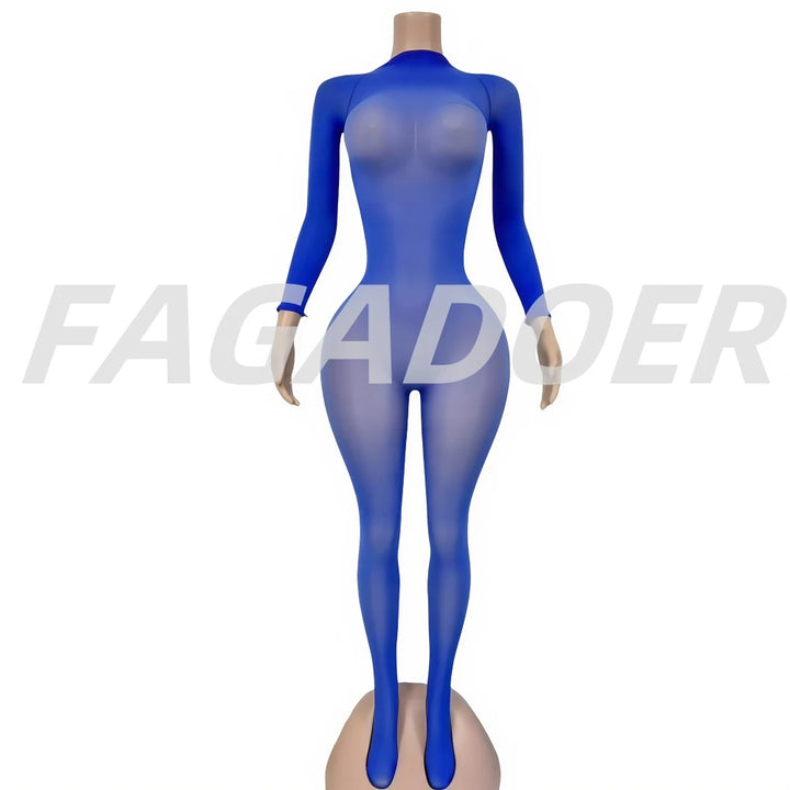 FAGADOER See Through Mesh Bodycon Jumpsuit Women