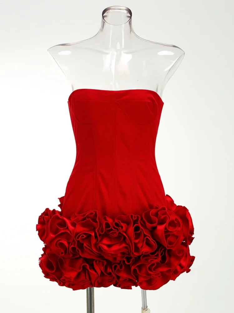 VJ GOCHI Red Strapless Backless Floral Mini Dress