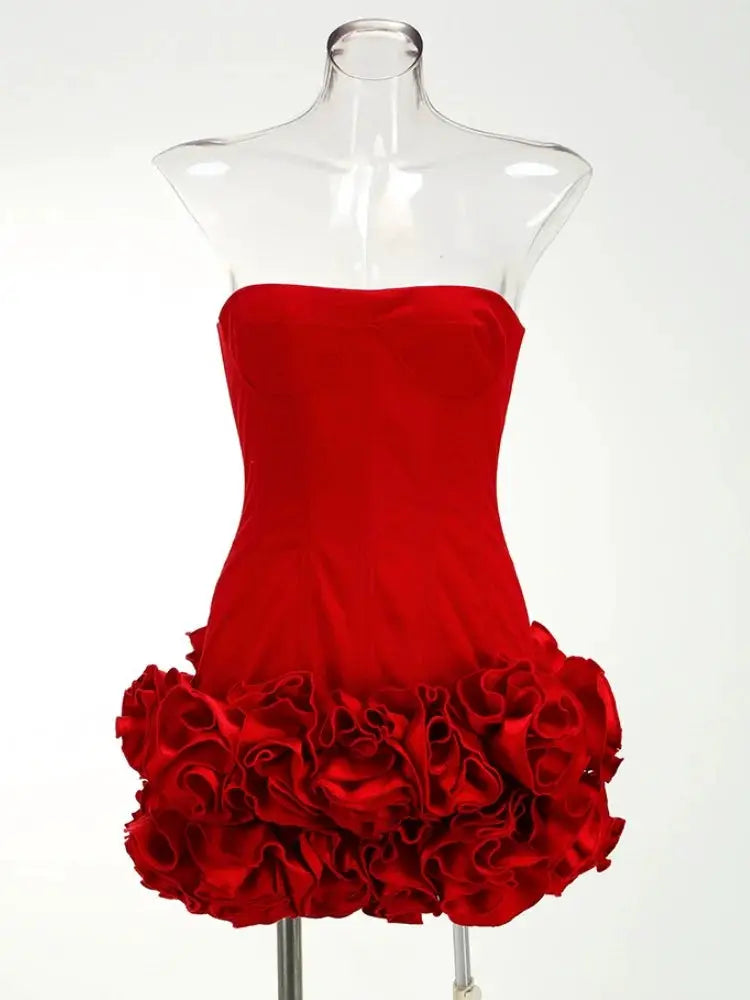 VC Christmas Dress Strapless Backless Red Structured Floral Embellished Mini Length Bodycon Celebrity Party Cocktail Dress