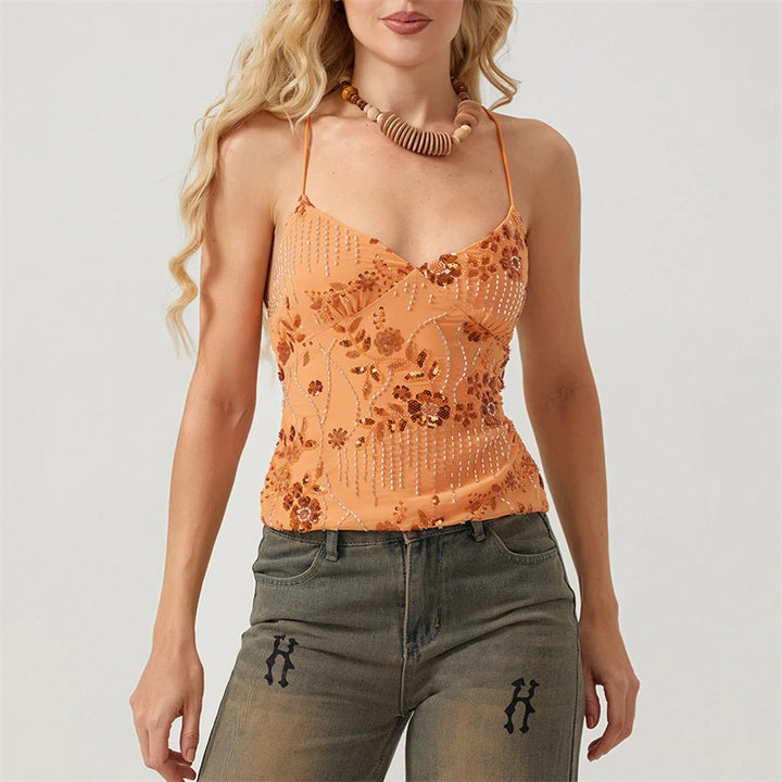Summer Women Y2k Sequin Halter Crop Tops Pearl Embellished Cami Tops Summer Glitter V Neck Rhinestone Camisole Tank Shirt