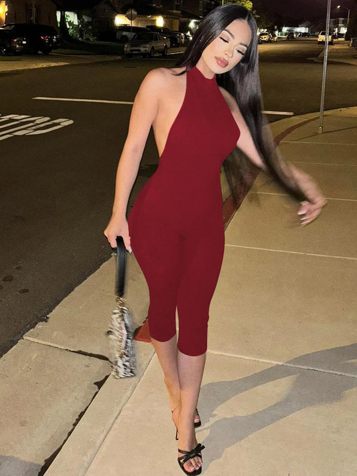Elegant Ribbed Knit Halter Neck Bodycon Jumpsuit